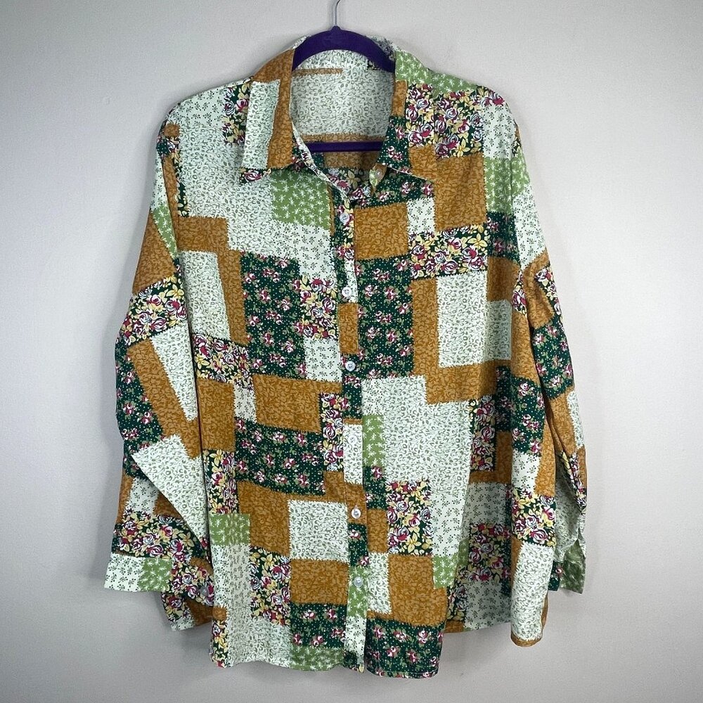Patchwork Print Button Up Top Womens 3XL Cottagecore Floral Tunic Long Sleeve